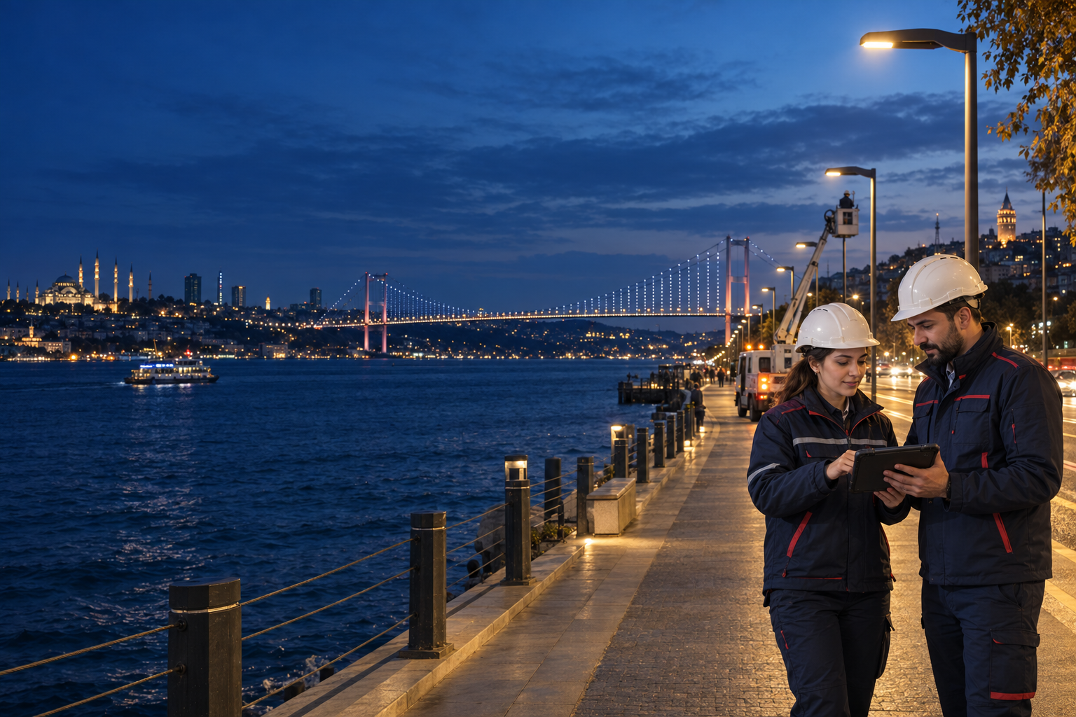 İstanbul Boğazı kıyısında tablet üzerinde görevlerini inceleyen saha ekibi